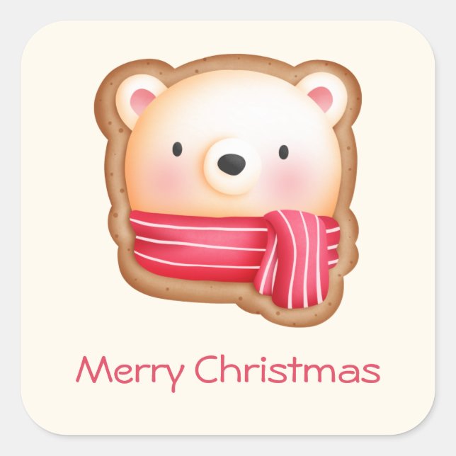 Cute Bear Face in a Red Scarf Christmas Cookie Square Sticker (Front)