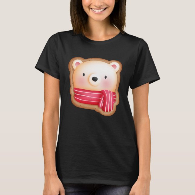 Cute Bear Face in a Red Scarf Christmas Cookie T-Shirt (Front)