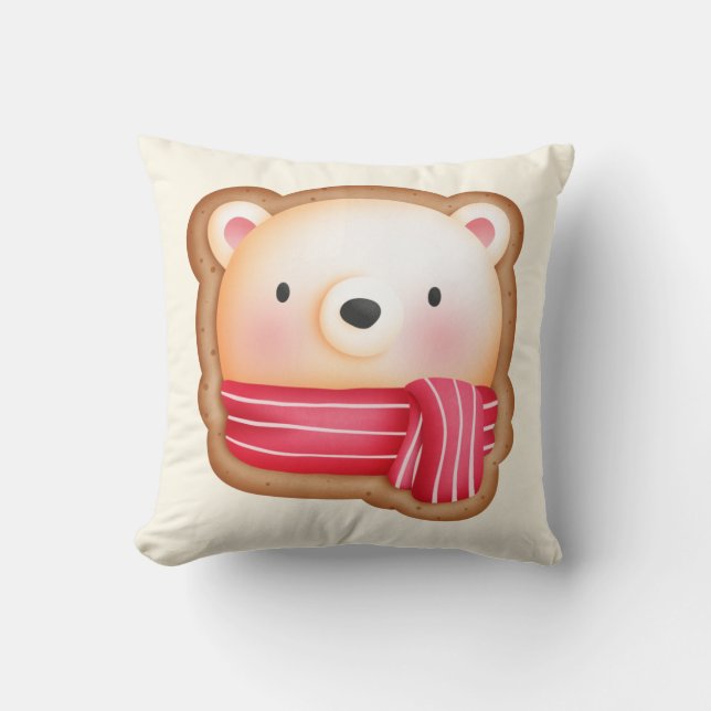 Cute Bear Face in a Red Scarf Christmas Cookie Throw Pillow (Front)