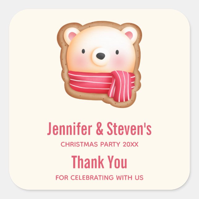Cute Bear Face in a Red Scarf Party Thank You Square Sticker (Front)