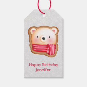 Cute Bear Face Red Scarf & Rosy Cheeks Birthday Gift Tags