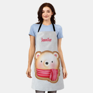 Cute Bear Face Red Scarf & Rosy Cheeks Christmas Apron