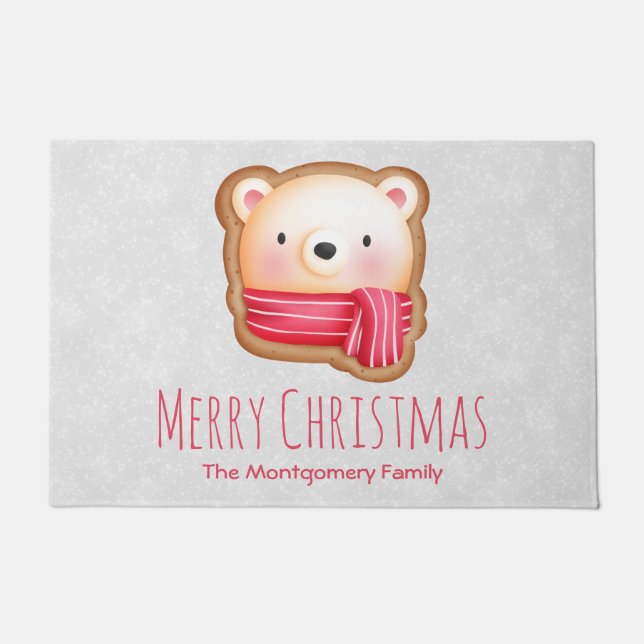 Cute Bear Face Red Scarf & Rosy Cheeks Christmas Doormat (Front)