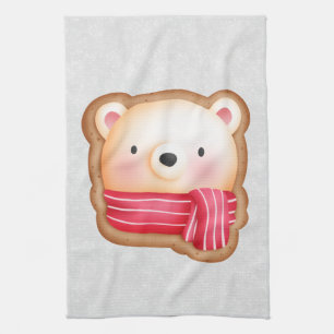 Cute Bear Face Red Scarf & Rosy Cheeks Christmas Kitchen Towel