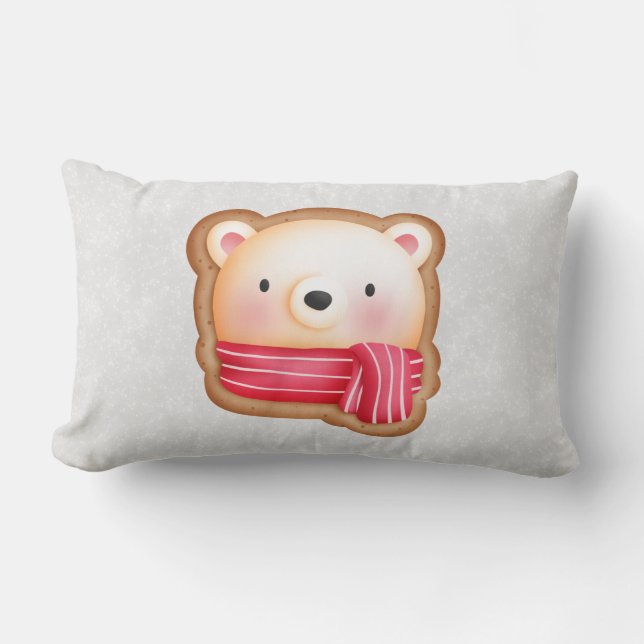 Cute Bear Face Red Scarf & Rosy Cheeks Christmas Lumbar Pillow (Front)
