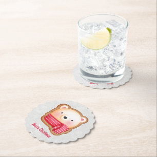 Cute Bear Face Red Scarf & Rosy Cheeks Christmas Paper Coaster