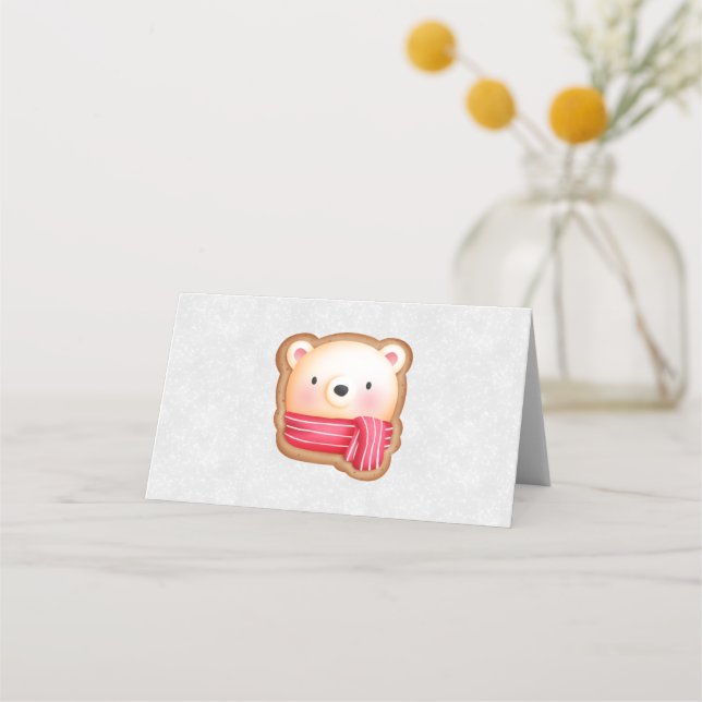 Cute Bear Face Red Scarf & Rosy Cheeks Christmas Place Card (Front)