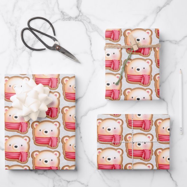 Cute Bear Face Red Scarf & Rosy Cheeks Christmas Wrapping Paper Sheet (Front)