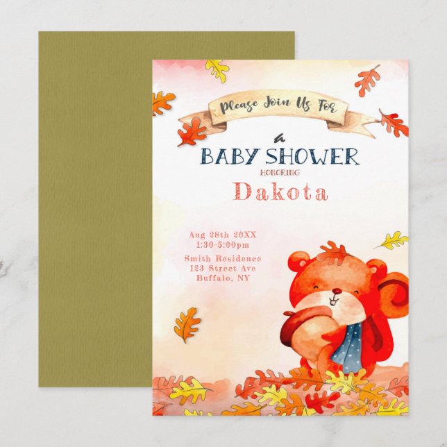 Cute Bear Fall Autumn Baby Shower Invitations  (Front/Back)