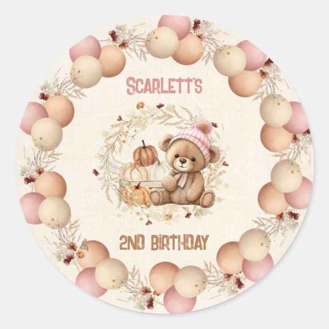 Cute Bear Fall Birthday Girl Stickers (Front)