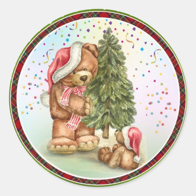 Cute Bear Family Christmas tree confetti Holiday Classic Round Sticker (Front)