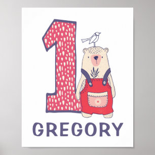 Cute bear first birthday with name  poster
