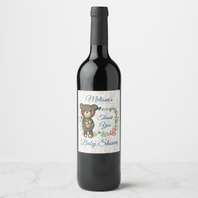 Cute Bear & Floral Wreath Baby Shower Thanks Wine Label (Front)