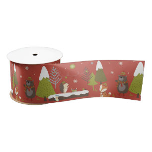 Cute Bear, Fox, & Hedgehog Kids Christmas Funny Satin Ribbon