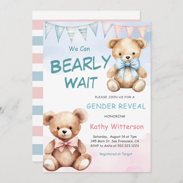 Cute Bear Gender Reveal Baby Shower Invitation (Front/Back)
