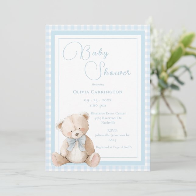 Cute Bear Gingham Vintage Baby Shower Invitation (Standing Front)