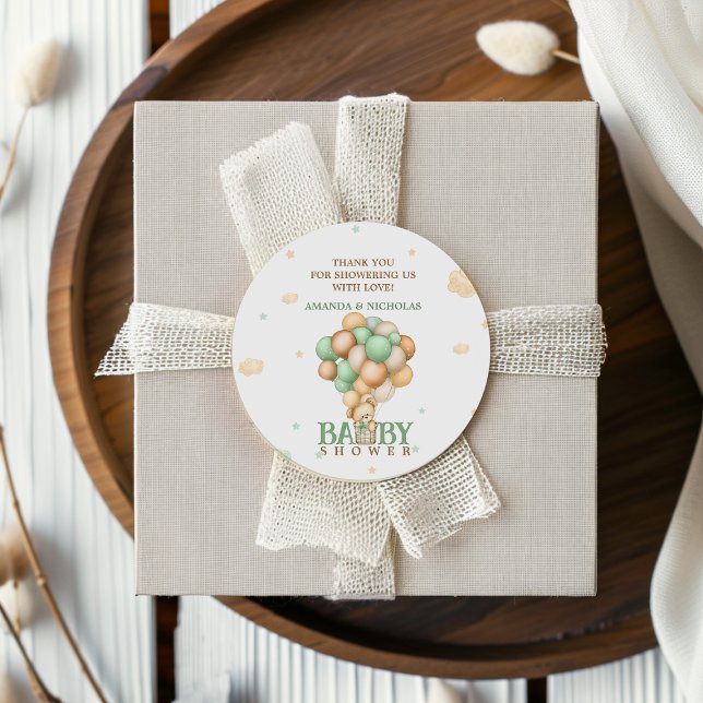 Cute Bear Green Balloons Baby Shower Thank You Classic Round Sticker (Creator Uploaded)