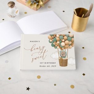 Cute Bear, Green Balloons, First Birthday Guest Book