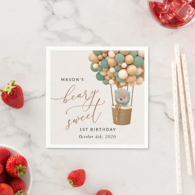Cute Bear, Green Balloons, First Birthday Napkin (Insitu)