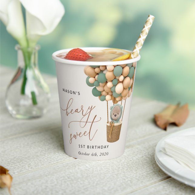 Cute Bear, Green Balloons, First Birthday Paper Cups (Insitu)