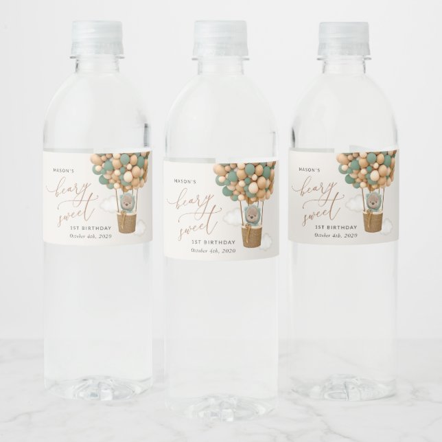Cute Bear, Green Balloons, First Birthday Water Bottle Label (Bottles)