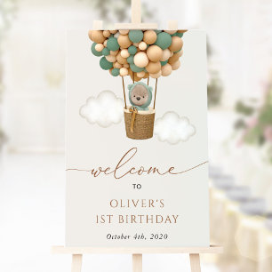 Cute Bear, Green Balloons, First Birthday Welcome Poster