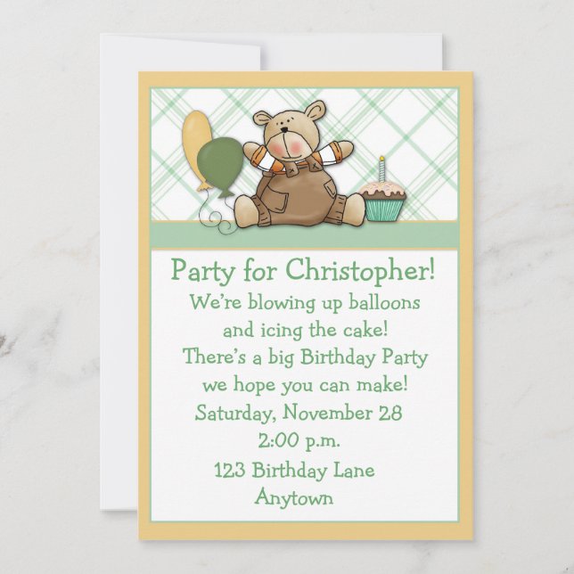 Cute Bear Green Birthday Invitation (Front)