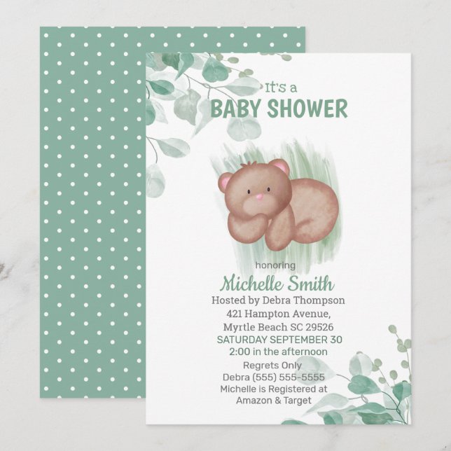 Cute Bear Green White Baby Shower  Invitation (Front/Back)