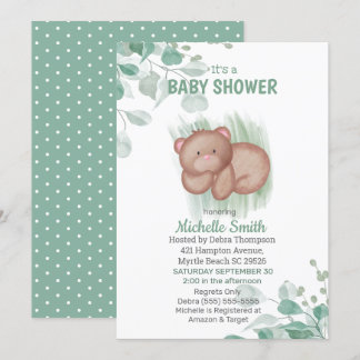 Cute Bear Green White Baby Shower  Invitation