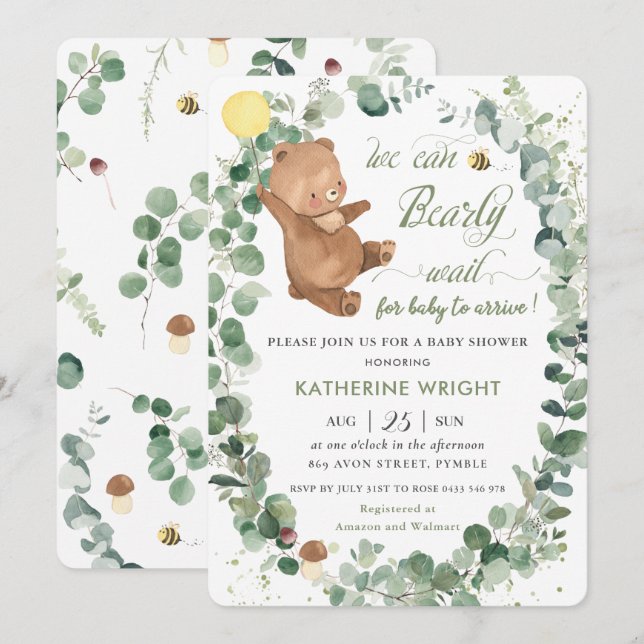 Cute Bear Greenery Gender Neutral Baby Shower Invitation (Front/Back)