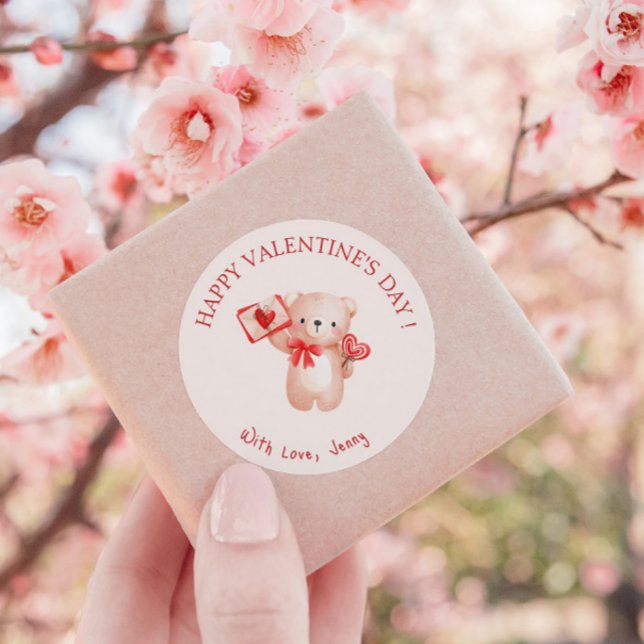 Cute Bear Heart Happy Valentine's Day Classic Round Sticker (Creator Uploaded)
