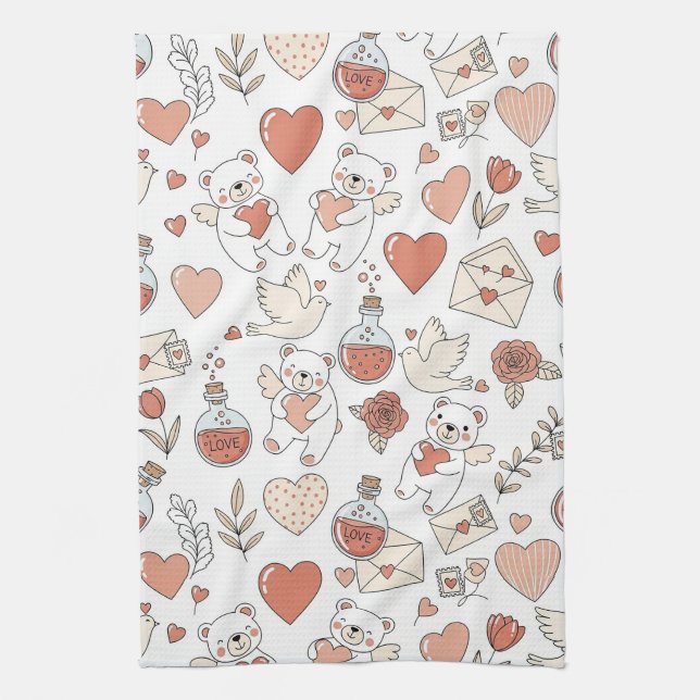 Cute Bear Hearts Valentine Pattern Kitchen Towel (Vertical)