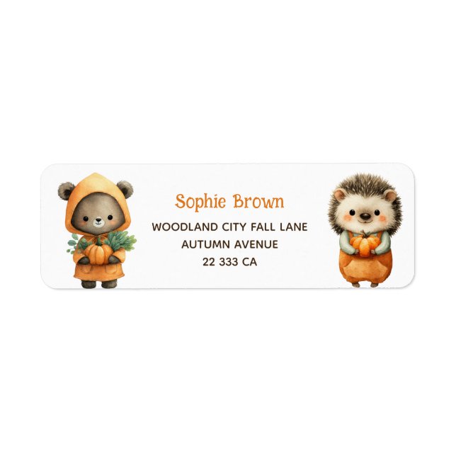 Cute Bear& Hedgehog Woodland Fall Return Address  (Devant)