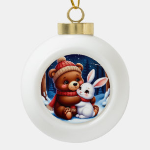Cute Bear Holding Bunny Ceramic Ball Christmas Ornament