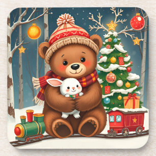 Cute Bear Holding Bunny Near Christmas Tree Coaster