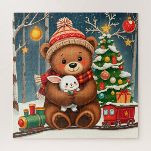 Cute Bear Holding Bunny Near Christmas Tree Jigsaw Puzzle