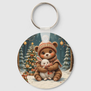 Cute Bear Holding Bunny Near Christmas Tree Keychain