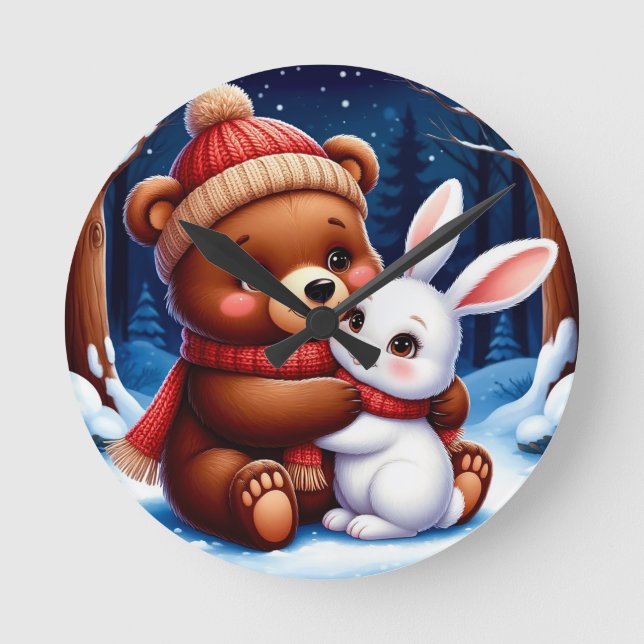 Cute Bear Holding Bunny Round Clock (Front)