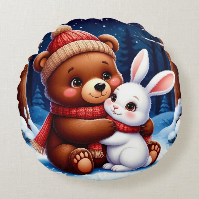 Cute Bear Holding Bunny Round Pillow (Front)