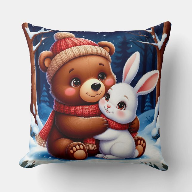 Cute Bear Holding Bunny Throw Pillow (Front)