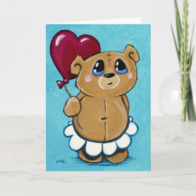 Cute Bear Holding Heart Balloon Valentine Card (Front)