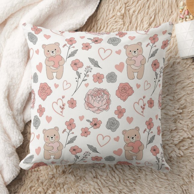 Cute Bear Holding Heart -- Pastel Nursery (13) Throw Pillow (Blanket)