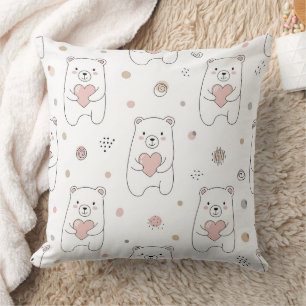 Cute Bear Holding Heart -- Pastel Nursery Throw Pillow