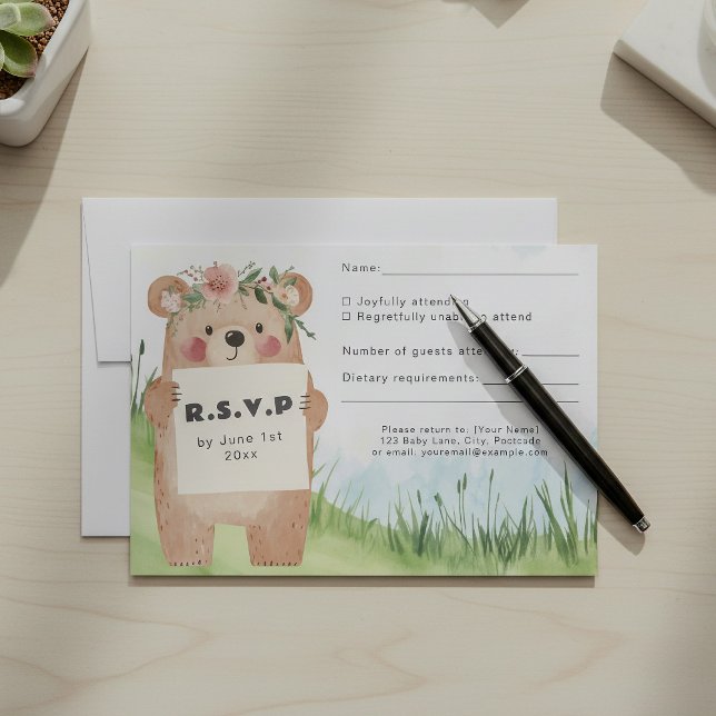 Cute bear holding sign RSVP card (Cute bear-themed RSVP card for kids’ events, with playful flowers and space for guest responses.)
