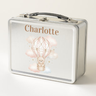 Cute Bear Hot Air Balloon  Kids Name Metal Lunch Box