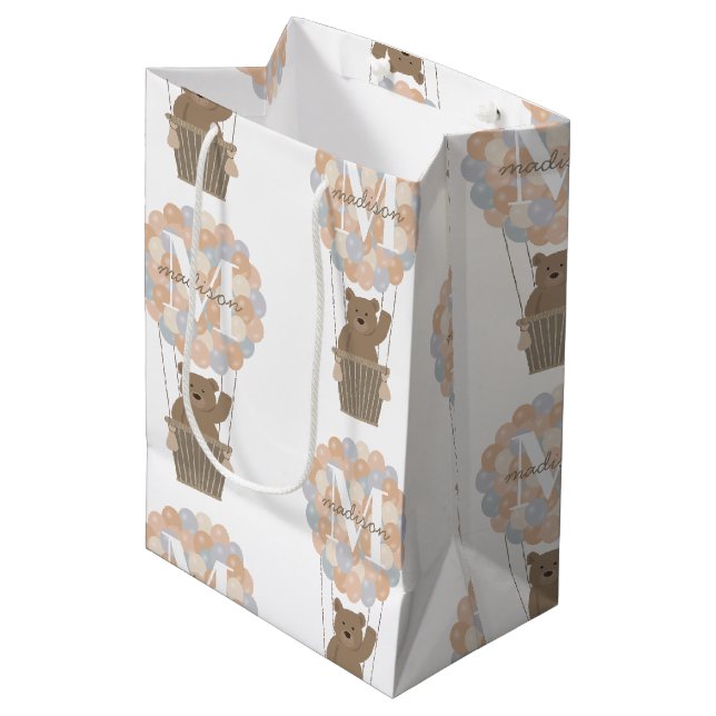 Cute Bear Hot Air Balloons Monogram Gender Neutral Medium Gift Bag (Front Angled)