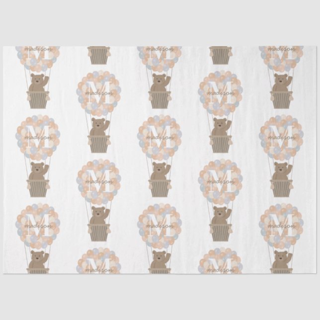 Cute Bear Hot Air Balloons Monogram Gender Neutral Tissue Paper (Front)