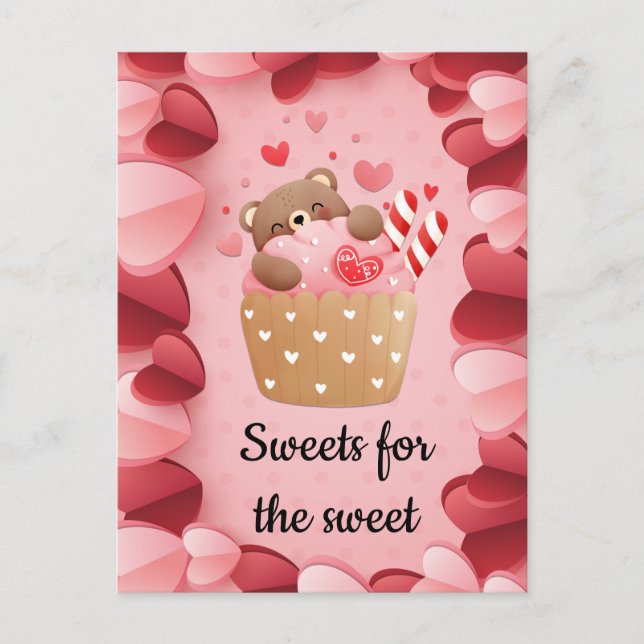 Cute Bear Hugging Cupcake Valentine  Postcard (Front)