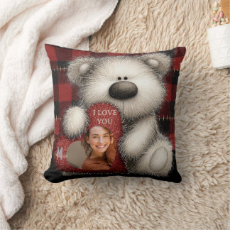 Cute Bear I Love You Custom Monogram Photo Throw Pillow