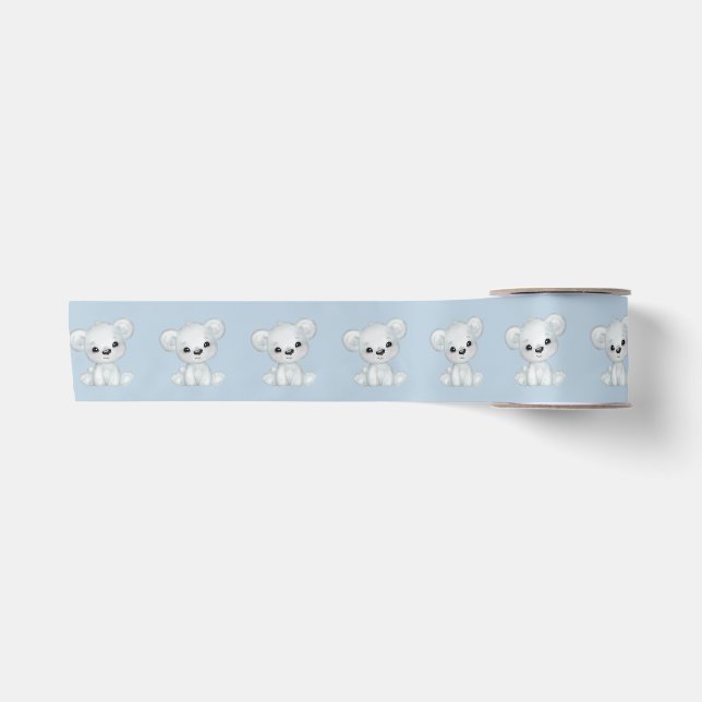 Cute bear illustration over blue background satin ribbon (Front)
